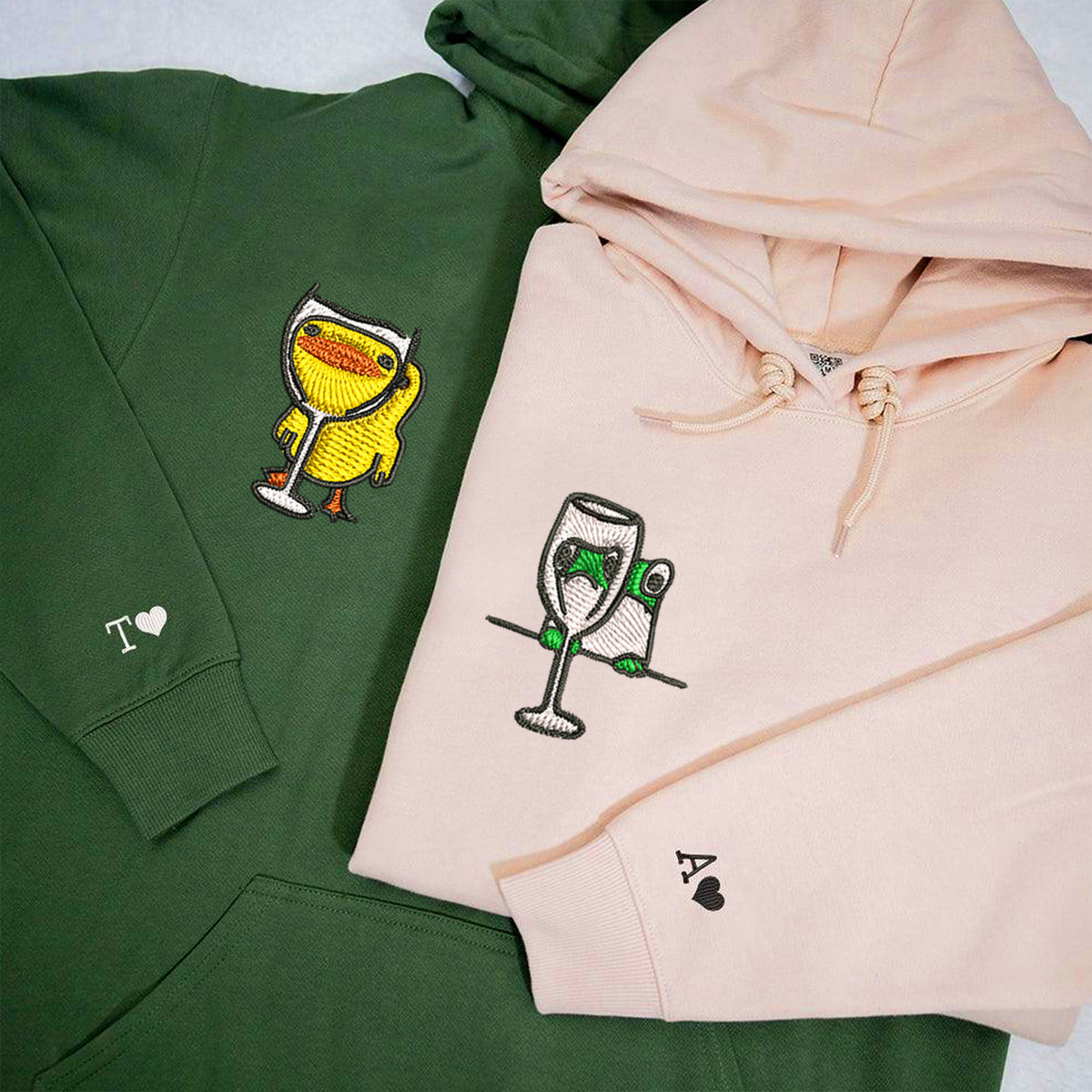 Custom Embroidered Frog and Duck Drinking Matching Hoodies for Couples, Personalized Couple Sweatshirt, Couple Embroidered Sweatshirt, Valentine's Day Gifts Idea For Him Her