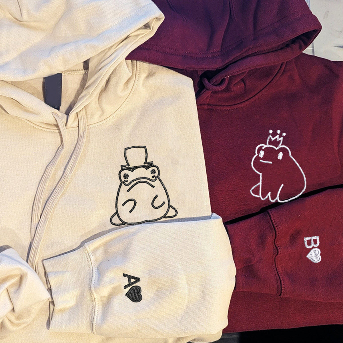Custom Embroidered Frog King and Queen Matching Hoodies for Couples, Personalized Couple Sweatshirt, Couple Embroidered Sweatshirt, Valentine's Day Gifts Idea For Him Her
