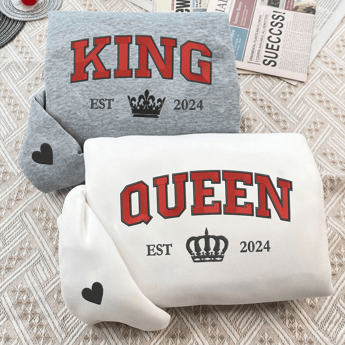 Custom Embroidered King and Queen Custom with Est Year Matching Hoodies for Couples, Personalized Couple Sweatshirt, Couple Embroidered Sweatshirt, Valentine's Day Gifts Idea For Him Her