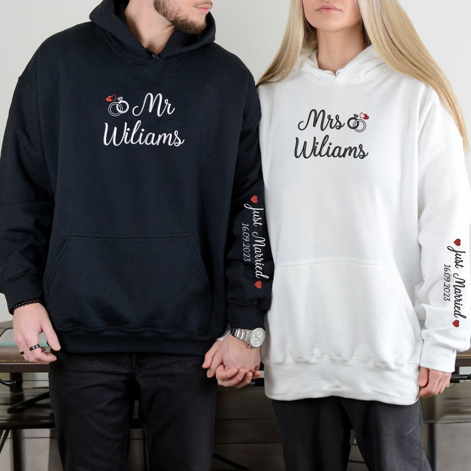 Embroidered Mr & Mrs Hoodies or Sweatshirts with Custom on Sleeve, Personalized Couple Sweatshirt, Couple Embroidered Sweatshirt, Valentine's Day Gifts Idea For Him Her