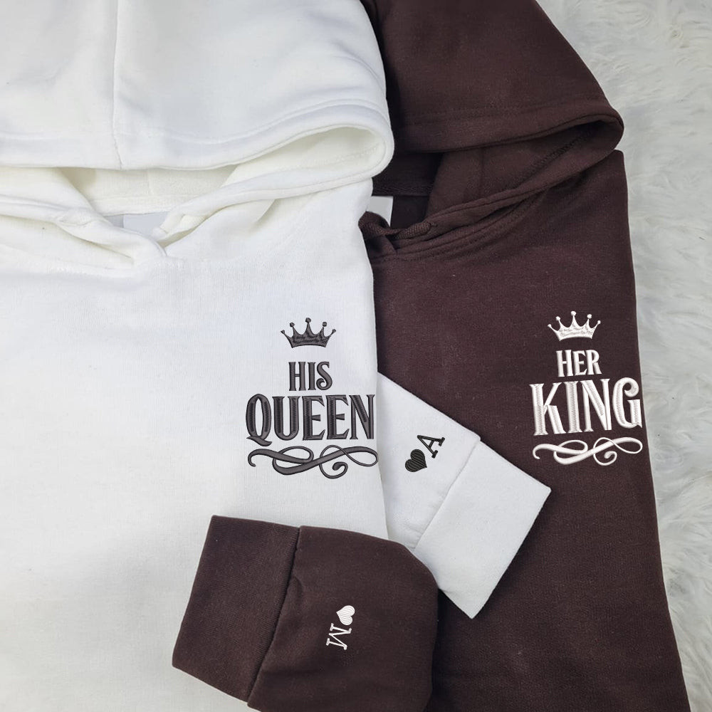 Her King x His Queen Custom Embroidered Matching Hoodies For Couples, Personalized Couple Sweatshirt, Couple Embroidered Sweatshirt, Valentine's Day Gifts Idea For Him Her