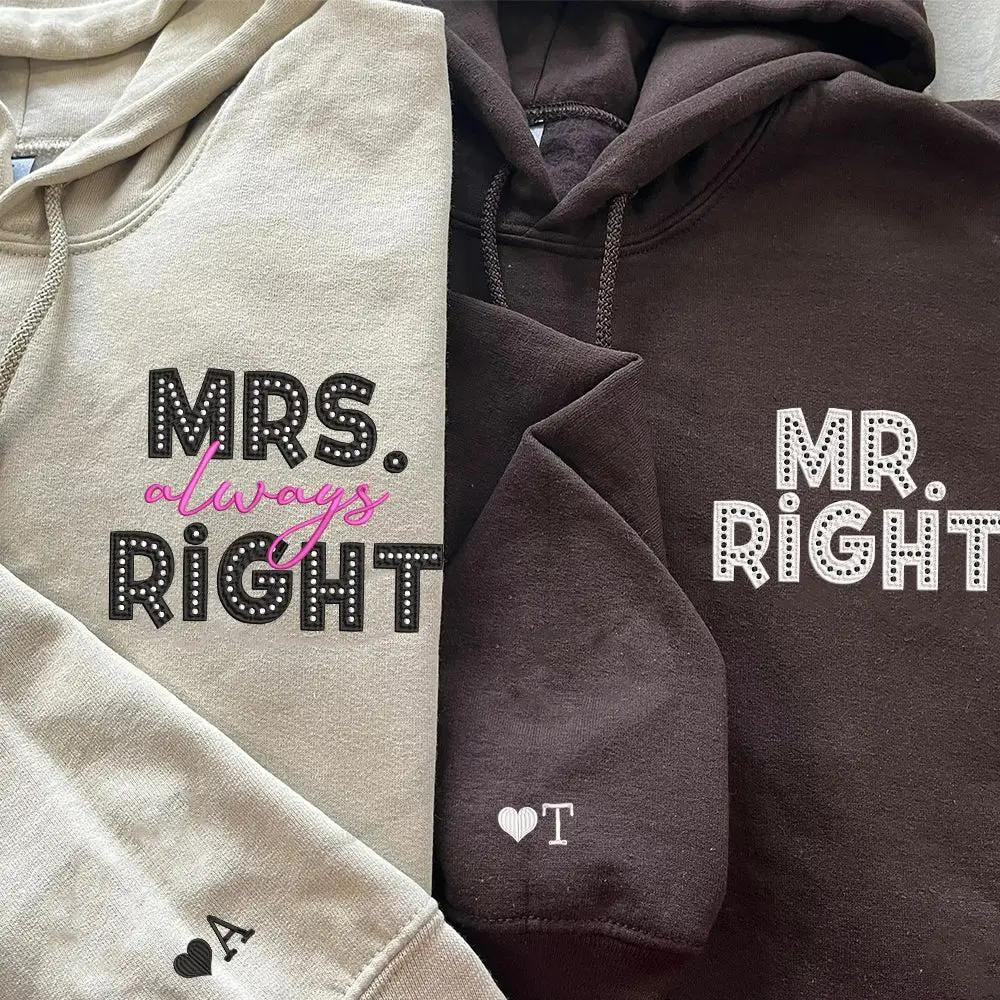 Mr Right x Mrs Always Right Pocket Custom Embroidered Matching Hoodies For Couples, Personalized Couple Sweatshirt, Couple Embroidered Sweatshirt, Valentine's Day Gifts Idea For Him Her